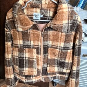 Princess Polly Checkered Sherpa Bomber Jacket in Brown and Tan